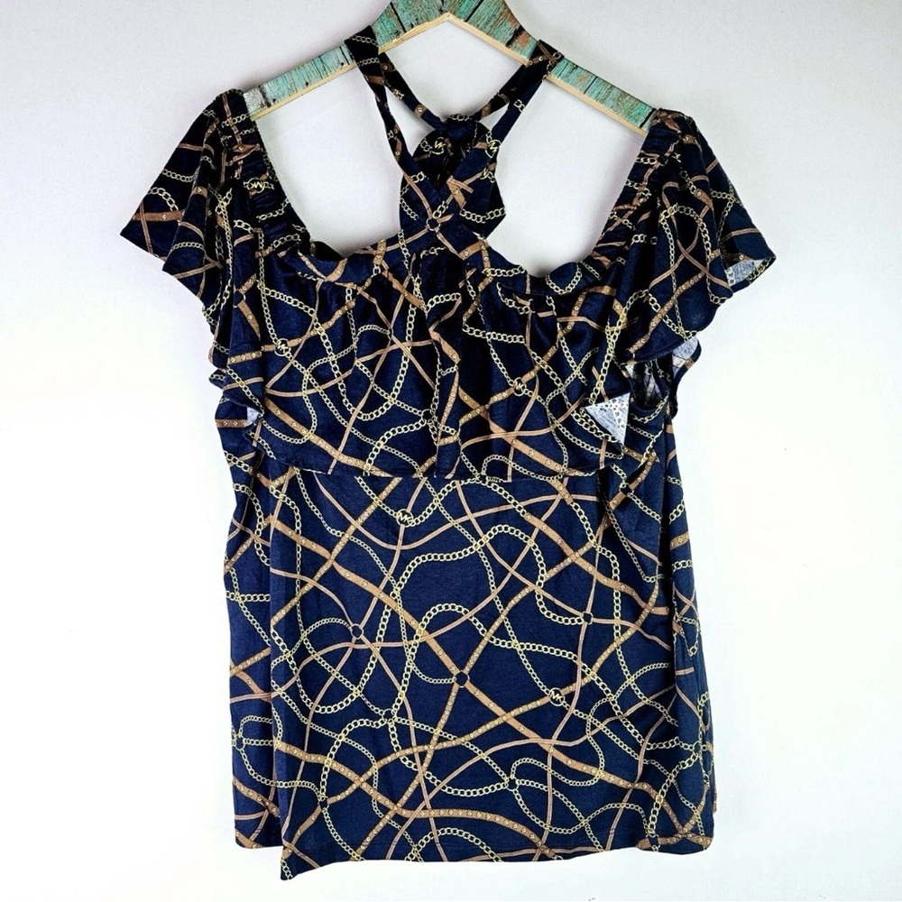 Michael Kors Navy and Gold Chain Print Blouse